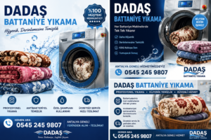 Dadaş Battaniye Yıkama hizmetlerini tanıtan reklam görseli, profesyonel makinelerde tek tek yıkanan battaniyeler ve Antalya geneli ücretsiz servis bilgileri.