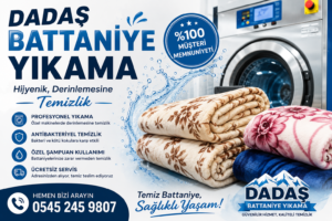 Dadaş Battaniye Yıkama reklam görseli, profesyonel battaniye temizleme hizmeti, yıkama makinesi ve temiz battaniyeler ile Antalya genelinde hizmet tanıtımı.